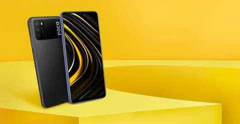 POCO M3 in Black, front and back view