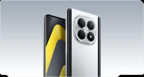 POCO M8 in Silver, front and back combo with camera close-up