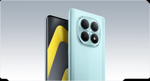 POCO M8 in Mint, front and back combo with camera close-up