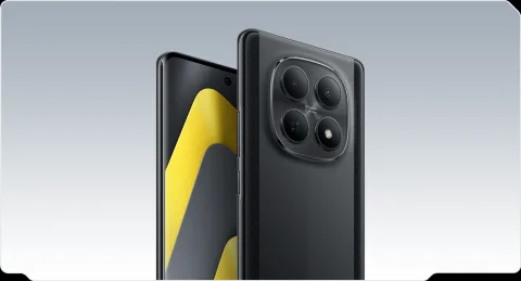 POCO M8 in Black, front and back combo with camera close-up