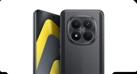 POCO M8 Pro in Black, front and back combo with camera close-up