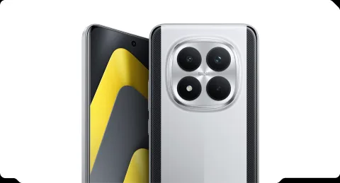 POCO M8 Pro in Silver, front and back combo with camera close-up