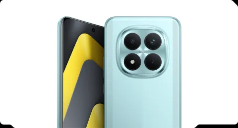 POCO M8 Pro in Mint, front and back combo with camera close-up