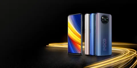 POCO X3 Pro in Metal Bronze, Frost Blue and Phantom Black, front and back lineup