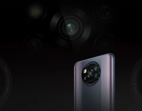 POCO X3 Pro in Phantom Black, angled back view with camera detail