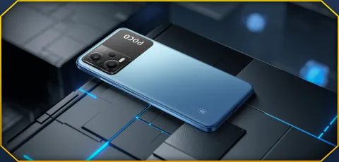 POCO X5 5G in Blue, angled back view on a dark surface