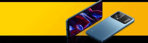POCO X5 5G in Blue, front and back view