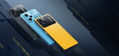 POCO X5 Pro 5G in Black, Blue and Yellow standing lineup