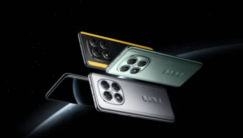 POCO X7 in Silver, Green and Black/Yellow floating against a starfield
