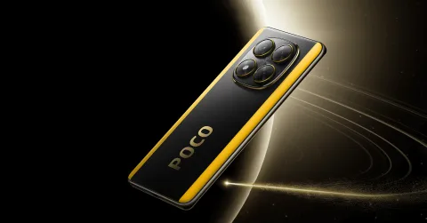 POCO X7 in Black/Yellow, angled back view