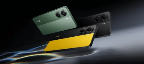 POCO X7 Pro in Green, Black and Yellow floating in a dynamic lineup