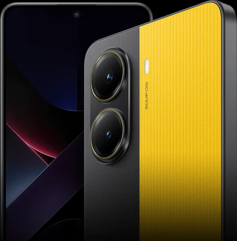 POCO X7 Pro in Yellow, front and back view