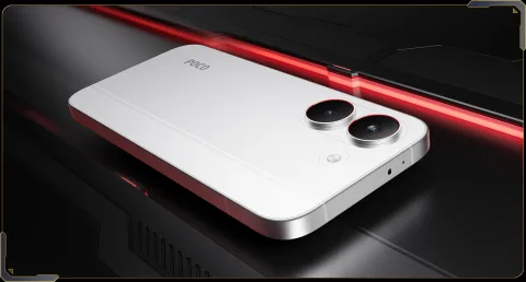 POCO X8 Pro in White, rear three-quarter view