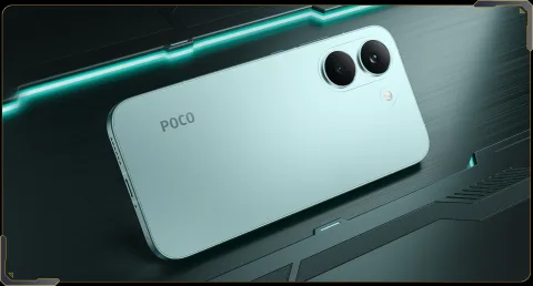 POCO X8 Pro in Green, rear three-quarter view