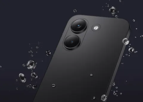 POCO X8 Pro rear camera module close-up with water droplets, splash resistance