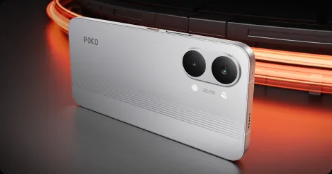 POCO X8 Pro Max in Titanium Silver, rear three-quarter view