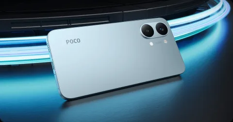 POCO X8 Pro Max in Sky Blue, rear three-quarter view