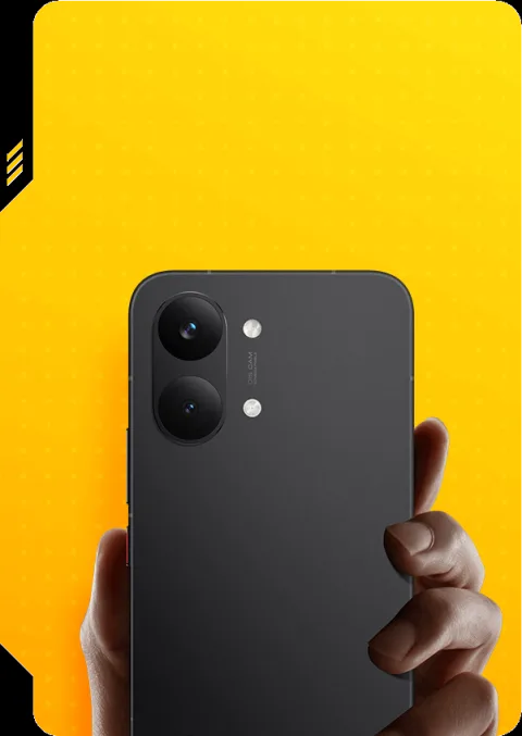 POCO X8 Pro Max held in hand, top-down view of camera module