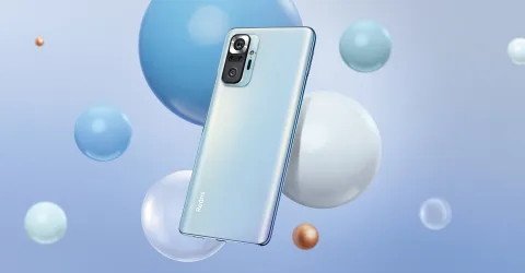 Redmi Note 10 Pro in Glacier Blue, back view