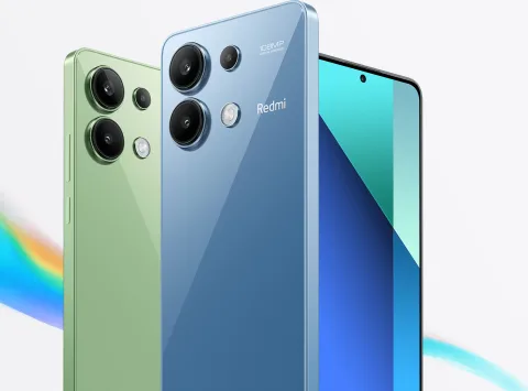 Redmi Note 13 in Mint Green and Ice Blue, back and front view