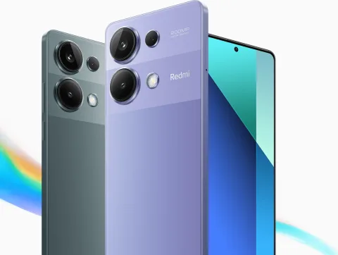 Redmi Note 13 Pro in Forest Green and Lavender Purple, back and front view