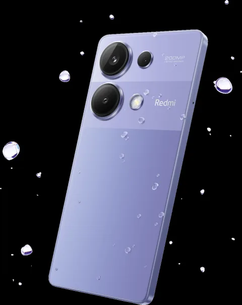 Redmi Note 13 Pro in Lavender Purple, back view with water splash