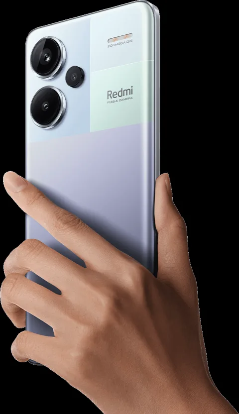 Redmi Note 13 Pro+ in Aurora Purple, held in hand, back view