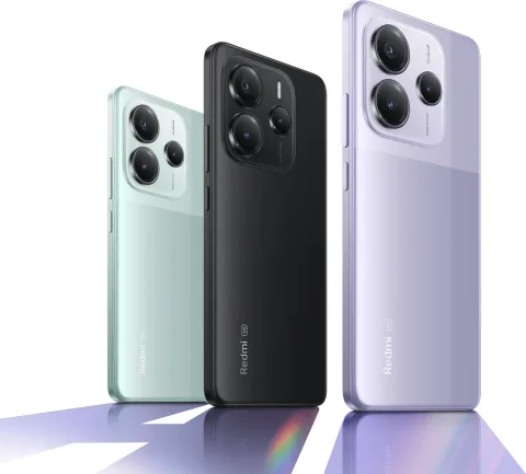 Redmi Note 14 5G in Coral Green, Midnight Black and Lavender Purple, back view