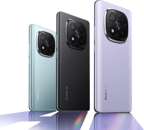 Redmi Note 14 Pro+ 5G in Midnight Black, Frost Blue and Lavender Purple, back and front view