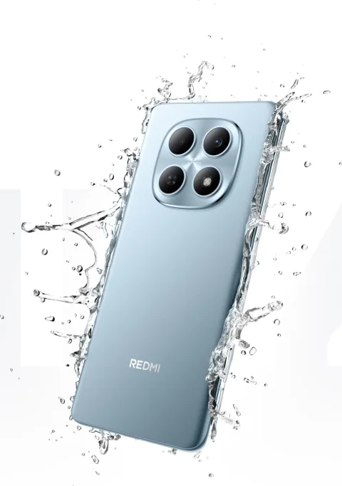 Redmi Note 15 in Glacier Blue, back view with water splash