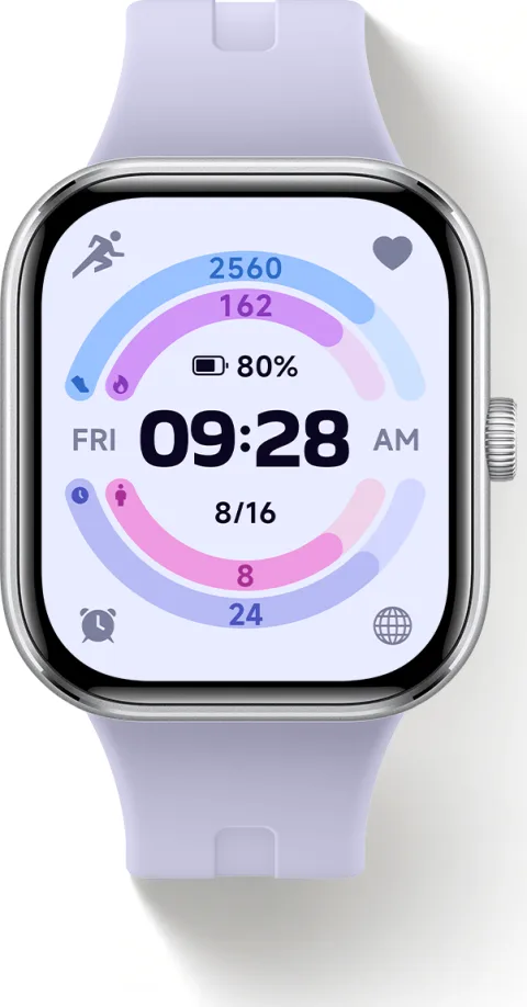 Redmi Watch 5 in Lavender Purple, flat top-down studio view
