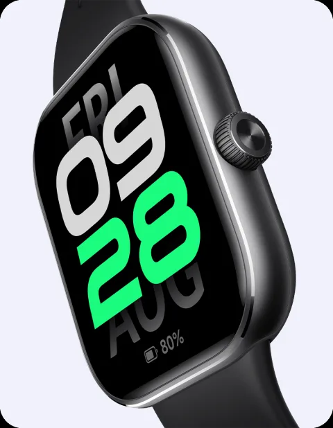 Redmi Watch 5 in Obsidian Black, angled close-up of the display and case