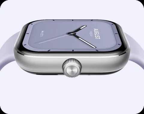 Redmi Watch 5 with silver case and Lavender Purple strap, horizontal detail view