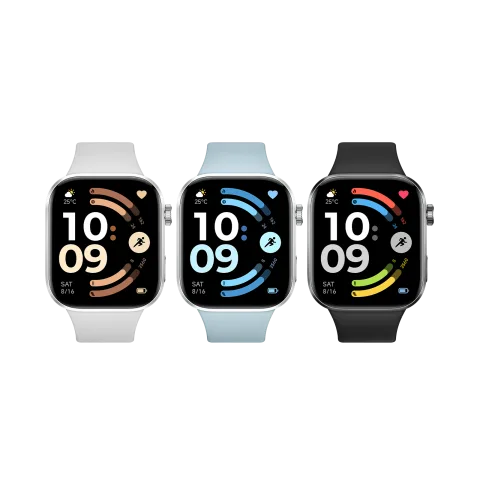 Redmi Watch 6 in Silver Gray, Glacier Blue and Obsidian Black, front view of all three colours