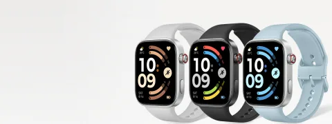Redmi Watch 6 in Silver Gray, Obsidian Black and Glacier Blue, angled front view of all three colours