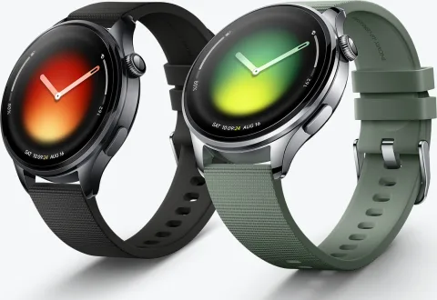 Xiaomi Watch 5 with Juniper Green woven strap, front view showing the quick actions menu
