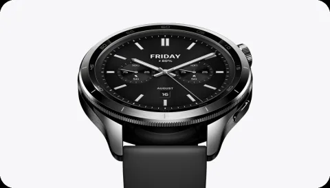 Xiaomi Watch S4 in Silver, angled 3/4 view of the stainless steel case and black strap
