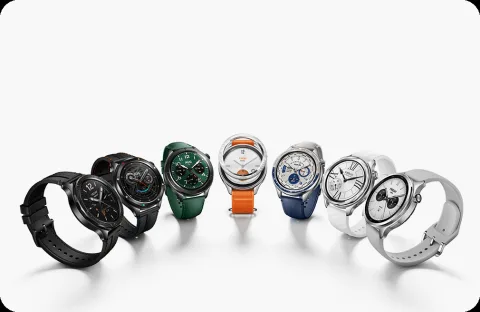 Xiaomi Watch S4 with seven interchangeable bezel and strap combinations lined up