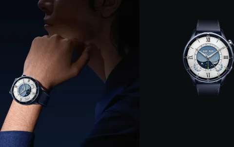 Xiaomi Watch S5 46mm in Ceramic Blue with navy leather strap, worn on wrist and standalone